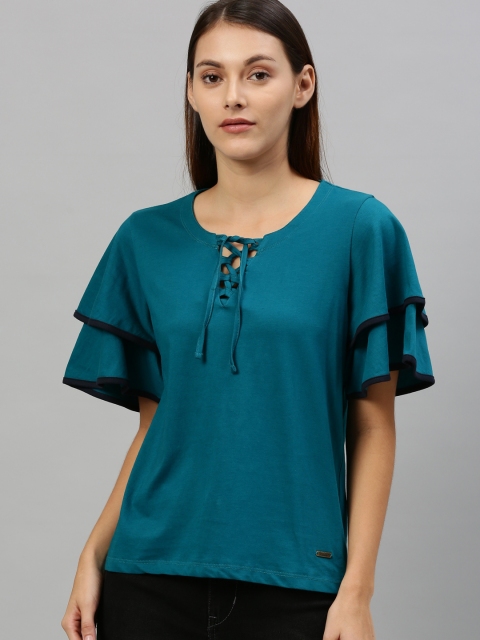 

Roadster Women Teal Blue Solid Lace Up Top With Flutter Sleeves