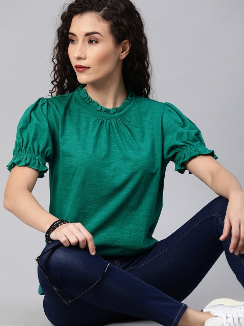 

Roadster Women Green Solid Gathered Puff Sleeve Top with Tie-Ups