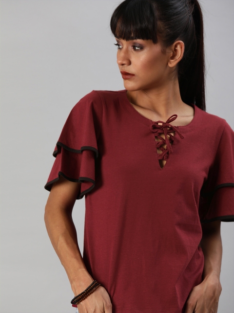 

Roadster Women Maroon Solid Pure Cotton Top With Ruffled Sleeves and Tie Up Detailing