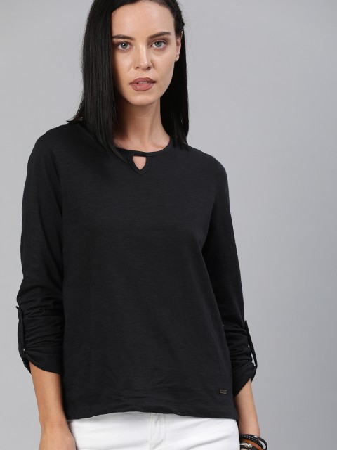 

Roadster Women Black Solid Round Neck T-shirt With Roll-Up Sleeves