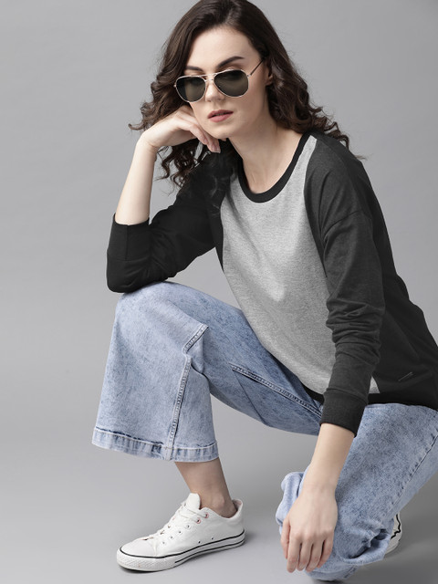 

Roadster Women Black & Grey Melange Colourblocked Round Neck T-shirt