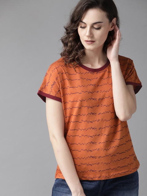 

Roadster Women Rust Orange & Maroon Printed Round Neck T-shirt