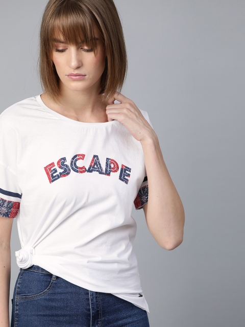 

Roadster Women White & Navy Blue Printed Round Neck T-shirt