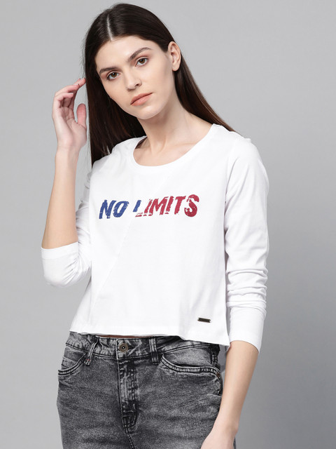 

Roadster Women White Solid Round Neck Cropped Boxy T-shirt