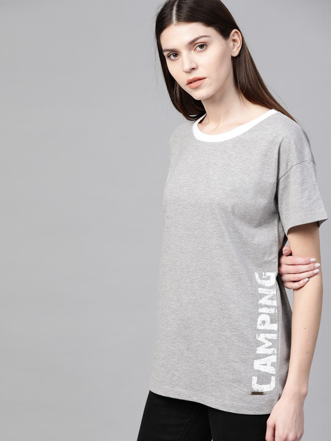 

Roadster Women Grey Melange Solid Round Neck T-shirt