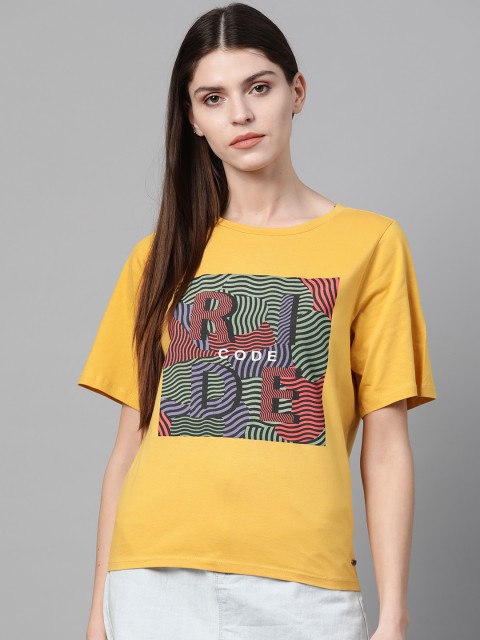 

Roadster Women Mustard Yellow & Green Printed Styled Back Pure Cotton Top