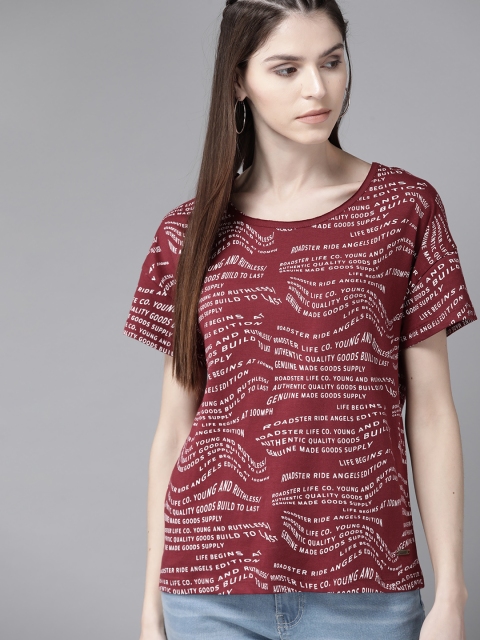 

Roadster Women Maroon White Printed Round Neck Boxy Pure Cotton T-shirt