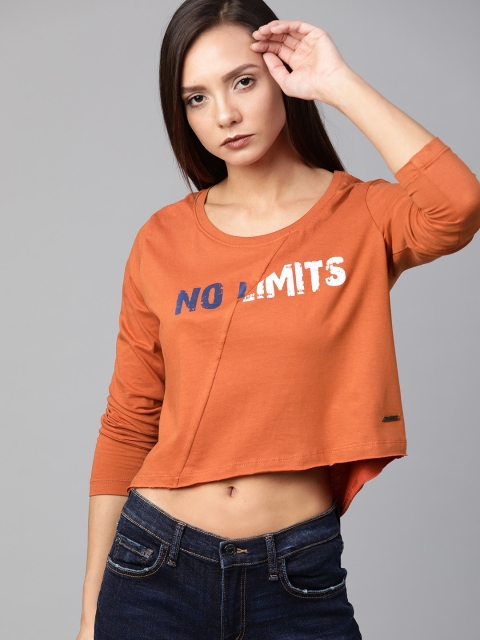 

Roadster Women Rust Orange Panelled Typography Printed Round Neck Crop T-shirt