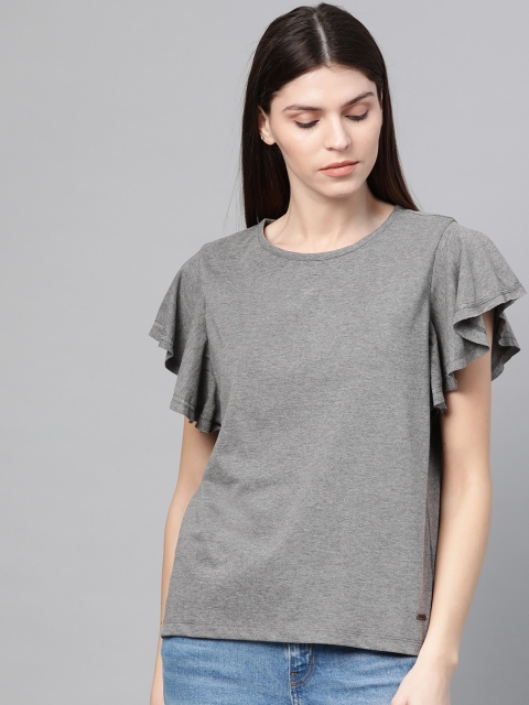 

Roadster Women Grey Melange Solid Flutter Sleeve Top