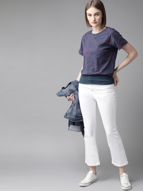 

Roadster Women Navy & Red Printed Blouson Top, Navy blue