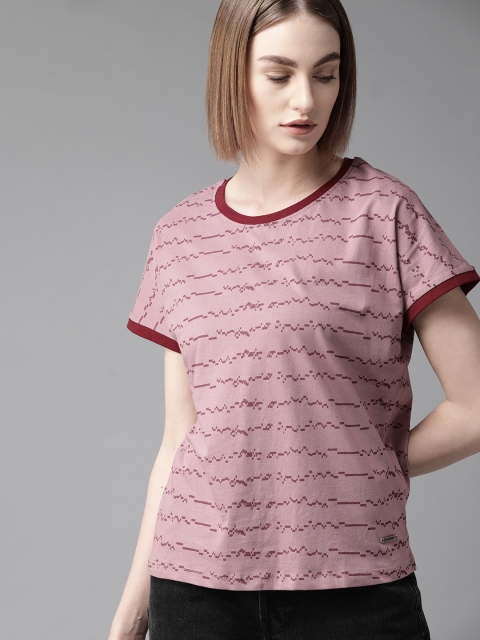 

Roadster Women Pink & Maroon Striped Round Neck T-shirt