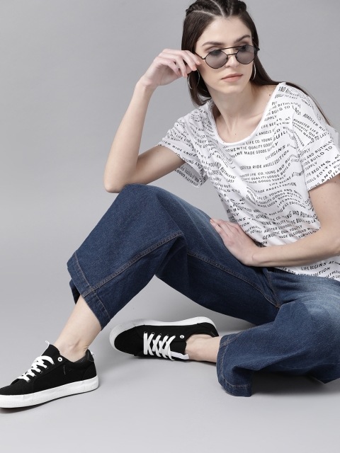 

Roadster Women White & Black Printed Round Neck Boxy T-shirt