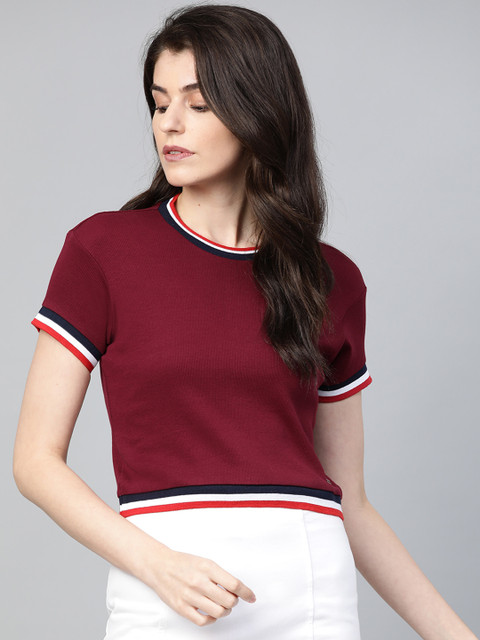 

Roadster Women Burgundy Solid Round Neck T-shirt