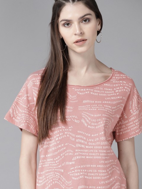 

Roadster Women Pink & White Printed Round Neck Boxy T-shirt