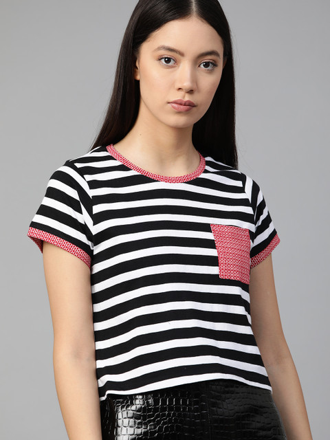 

Roadster Women Black Striped Round Neck Boxy T-shirt