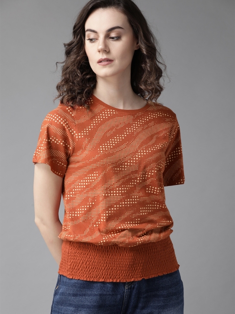 

Roadster Women Rust Orange & Beige Printed Blouson Top