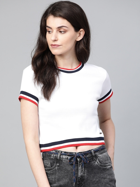 

Roadster Women White Solid Round Neck Cropped T-shirt
