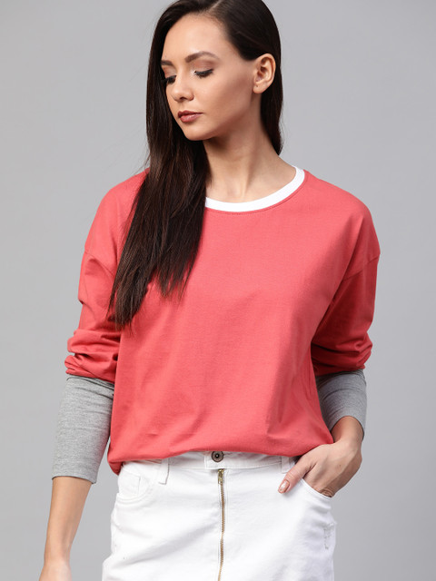 

Roadster Women Coral Pink Solid Round Neck T-shirt