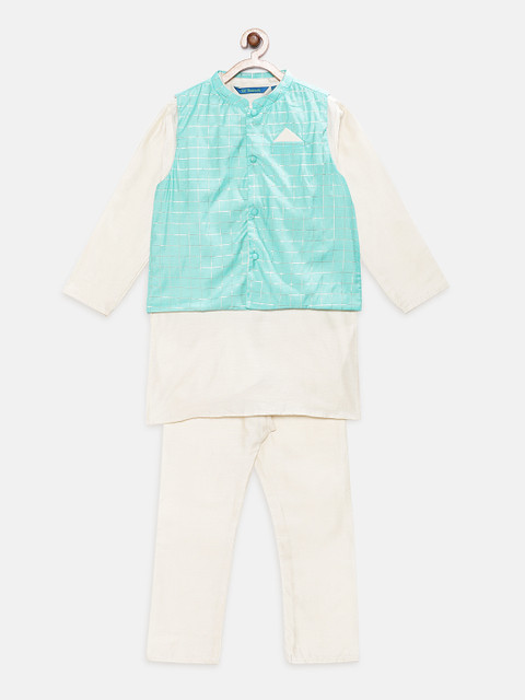 

Lil Peacock Infant Off-White & Blue Solid Kurta with Pyjamas & Jacket