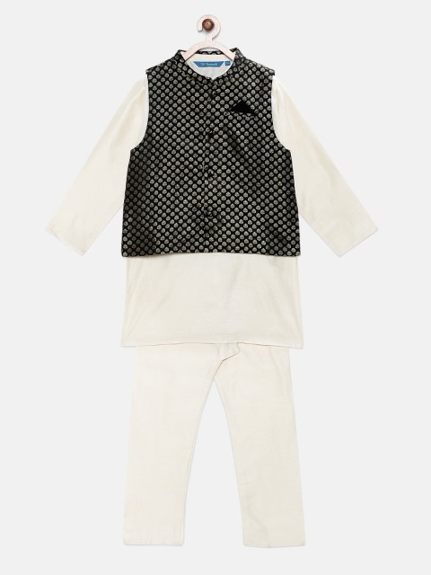 

Lil Peacock Boys Off-White & Brown Solid Kurta with Pyjamas