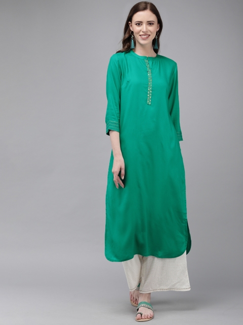 

Anouk Women Green Solid Straight Kurta With Embellishment