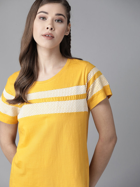 

Roadster Women Yellow & Off-White Striped Round Neck T-shirt