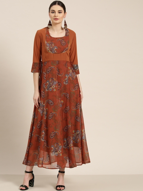 

WoowZerz Women Rust brown & Blue Printed Maxi Dress