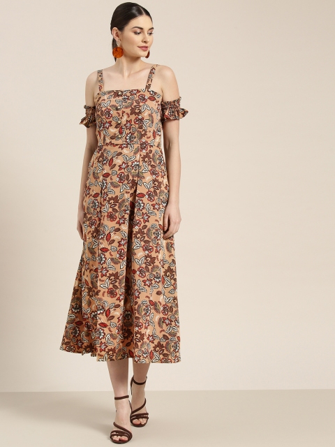 

WoowZerz Women Beige & Off-White Printed Cold-Shoulder A-Line Dress