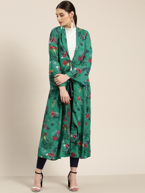 

WoowZerz Women Green & Red Printed Tie-Up Longline Shrug