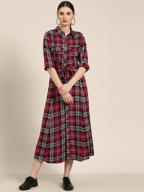 

WoowZerz Women Maroon & Black Checked Shirt Dress
