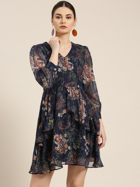

WoowZerz Women Navy Blue & Green Printed A-Line Dress