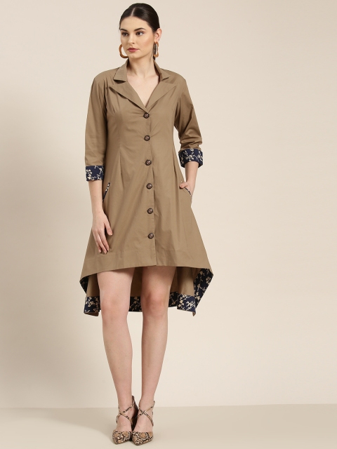

WoowZerz Women Beige Solid High-Low Shirt Dress