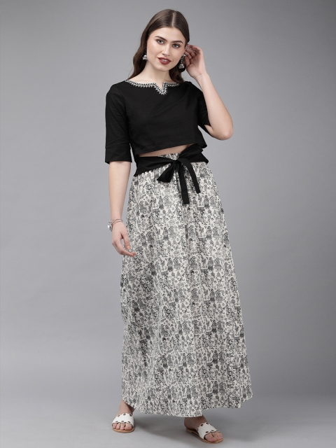 

Anouk Women Black & Off-White Solid Top with Printed Skirt