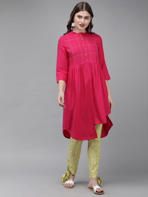 

Anouk Women Pink & Green Checked A-Line Kurta with Trousers