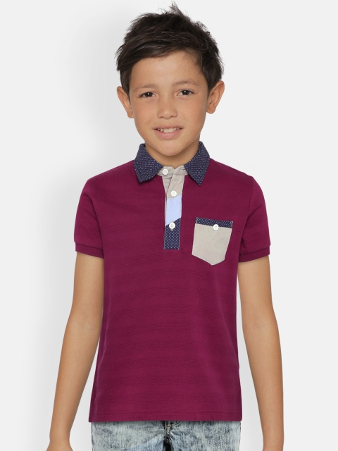 

United Colors of Benetton Boys Maroon Self Design Polo Collar T-shirt