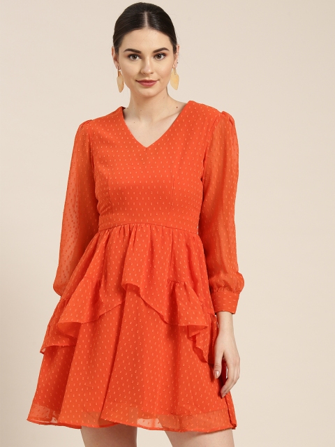 

WoowZerz Women Orange Self Design Fit & Flare Dress