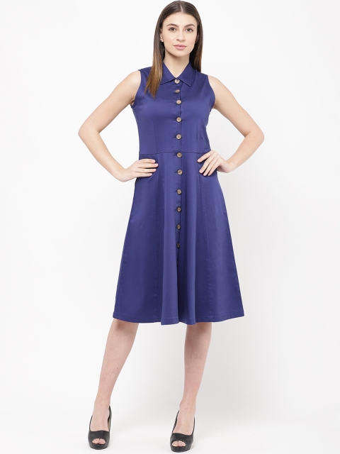 

urSense Women Navy Blue Solid Shirt Dress