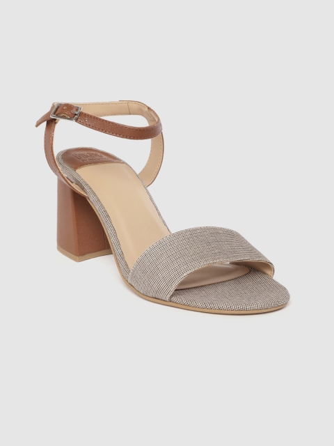 Women Beige & Brown Ditsy Mid-Top Houndstooth Patterned Block Heels