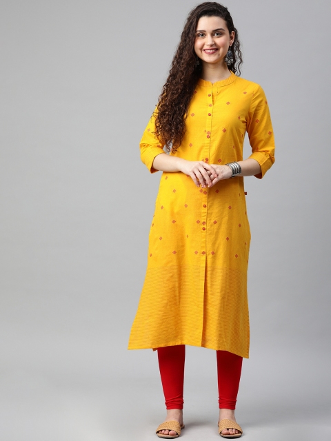 

Alena Women Mustard Yellow & Pink Woven Design Straight Fusion Kurta