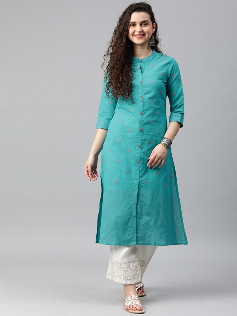 

Alena Women Turquoise Blue & Pink Woven Design Straight Fusion Kurta