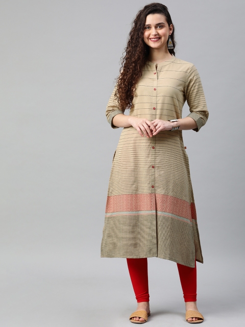 

Alena Women Beige & Black Striped Straight Fusion Kurta