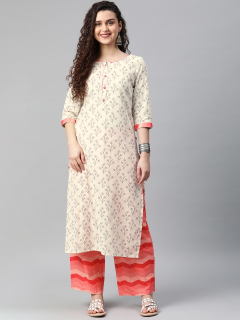 

Alena Women Off-White & Coral Pink Printed Kurta with Palazzos