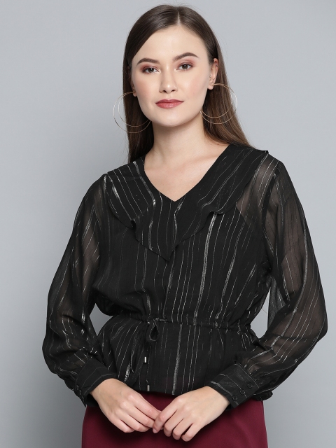 

VividArtsy Women Black & Silver Sheer Self Striped Cinched Waist Top