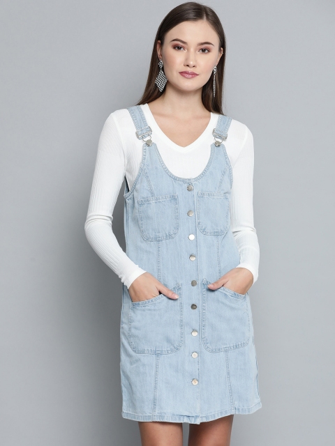 

VividArtsy Women Blue Washed Denim Pinafore Dress