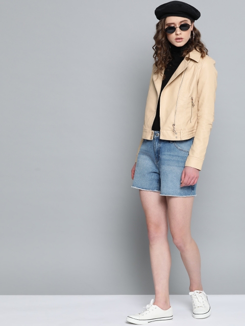 

VividArtsy Women Cream-Coloured Solid Asymmetric Closure Biker Jacket