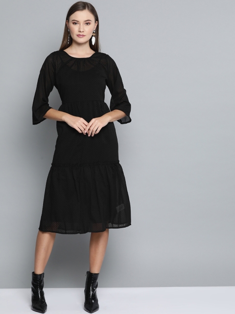 

VividArtsy Women Black Self Design Semi-Sheer Tiered A-Line Dress
