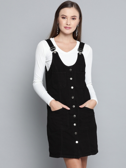 

VividArtsy Women Black Solid Denim Pinafore Dress
