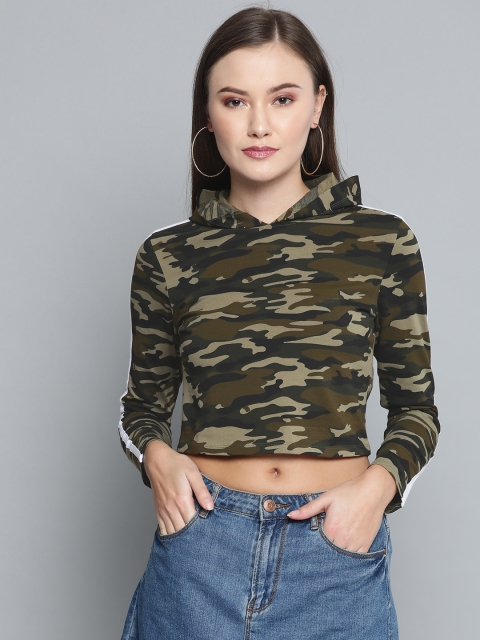 

VividArtsy Women Olive Green Camouflage Printed Crop Pure Cotton T-shirt