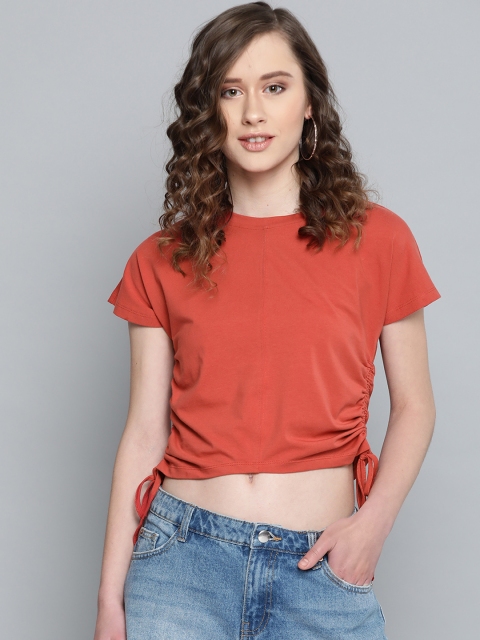 

VividArtsy Women Rust Orange Solid Crop Pure Cotton Top