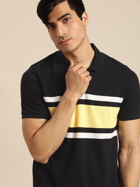 

ether Men Black & Yellow Colourblocked Polo Collar T-shirt